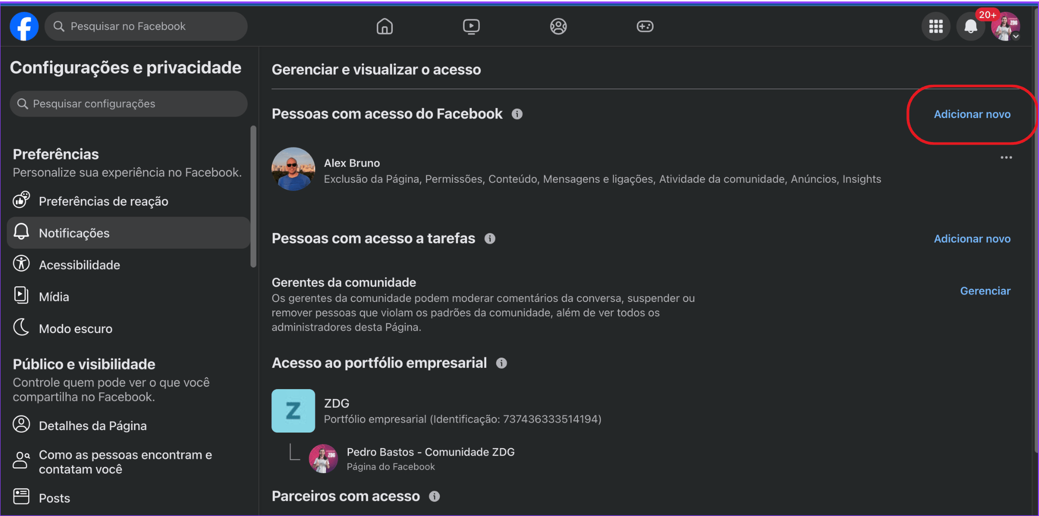 Configuración de la Página → Acceso → Adicionar novo → Control total