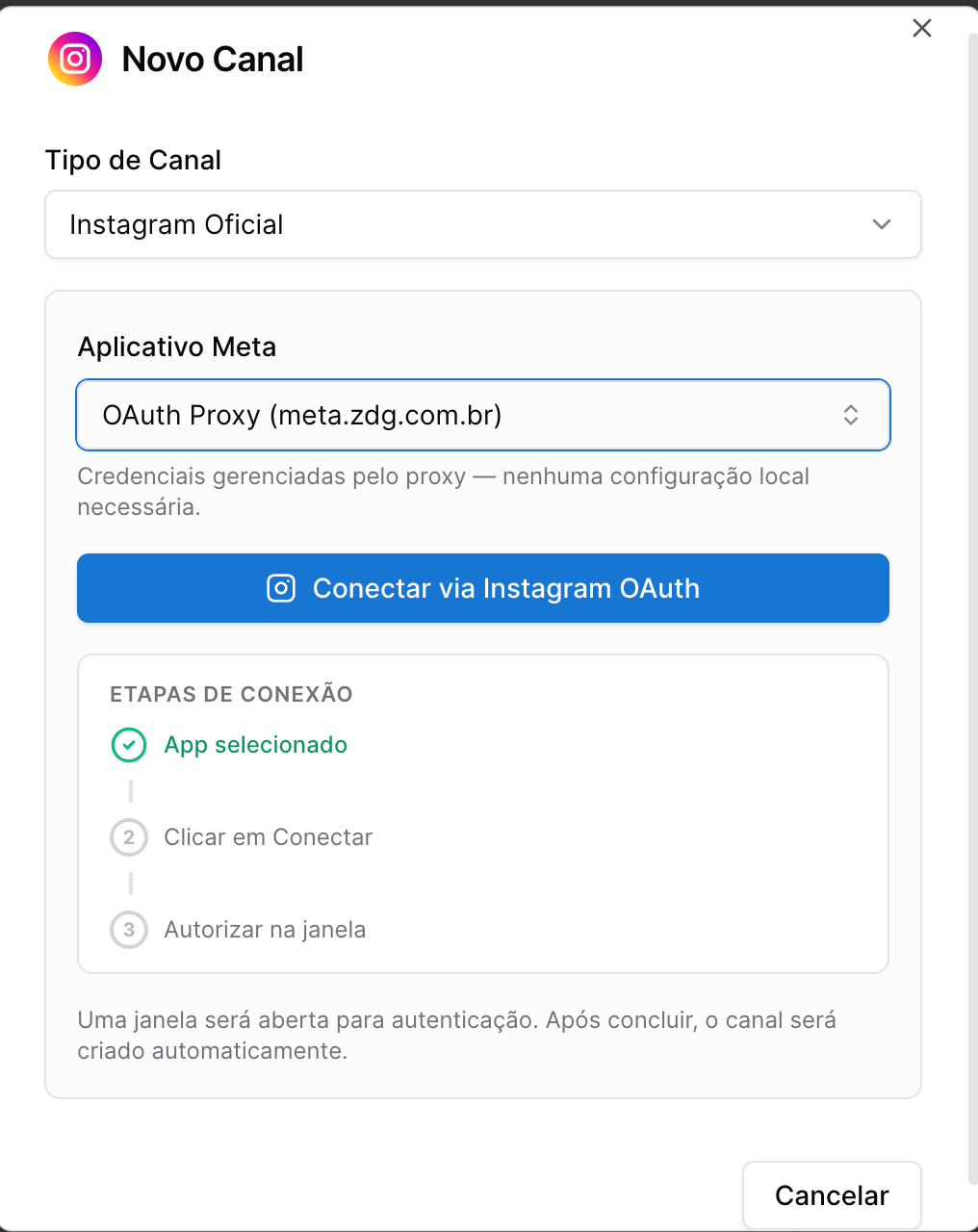 Agregar Canal → Instagram → App OAuth → Conectar