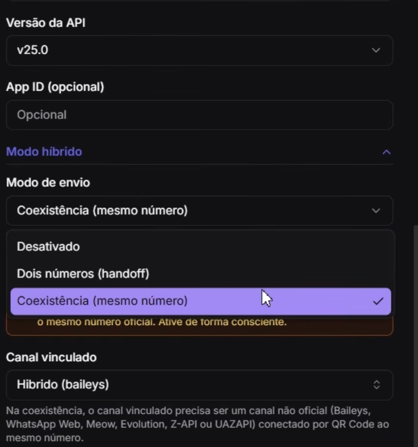 Configuración Modo Híbrido: selector Coexistência (mesmo número) y canal vinculado Híbrido baileys
