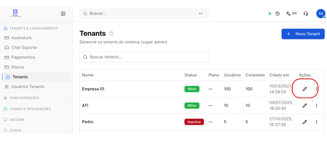 Tenants - editar empresa para habilitar OAuth