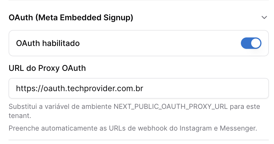 Toggle OAuth habilitado y URL oauth.techprovider.com.br