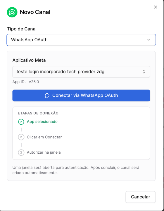 Nuevo canal WhatsApp OAuth - seleccionar App Meta y Conectar
