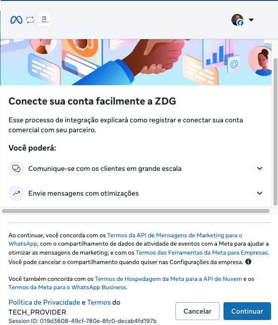 Pop-up Meta Conecte sua conta fácilmente a ZDG - Continuar